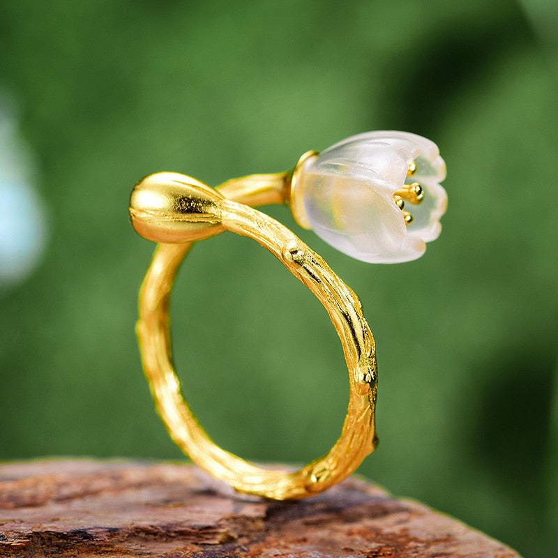 Mori Bear Ring in Sterling Silver - Lily of the Valley Flower Rings For Women