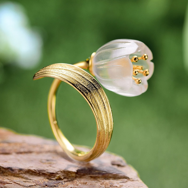 Mori Bear Ring in Sterling Silver - Lily of the Valley Flower Rings For Women