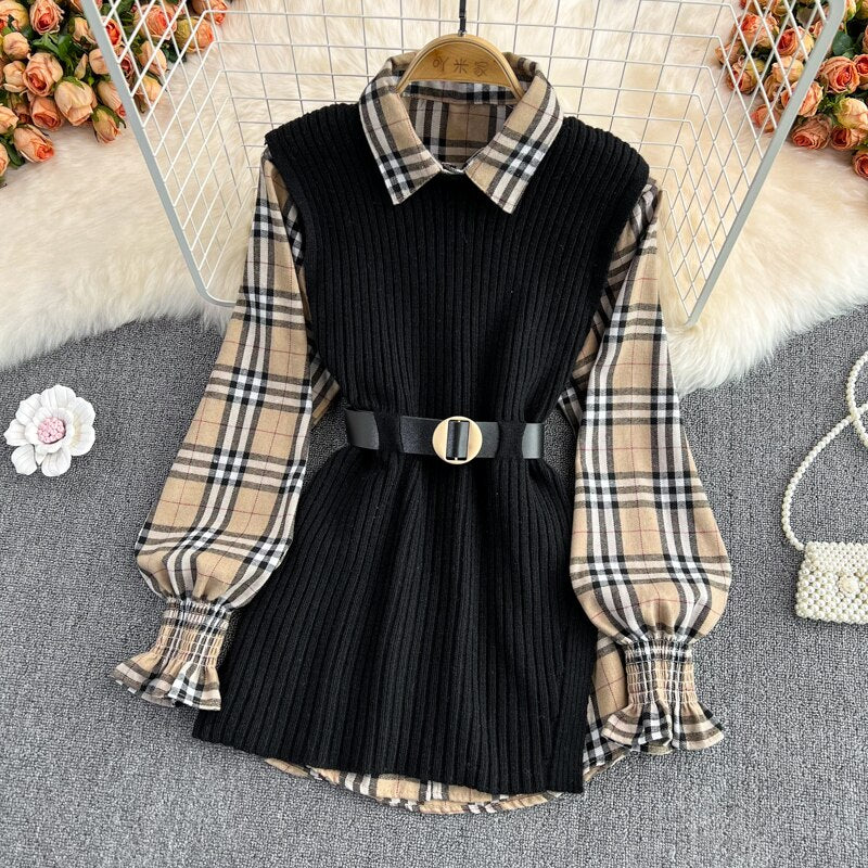 MoriBear Lantern Sleeve Shirt Knitted Vest Two Piece Sets - Tartan
