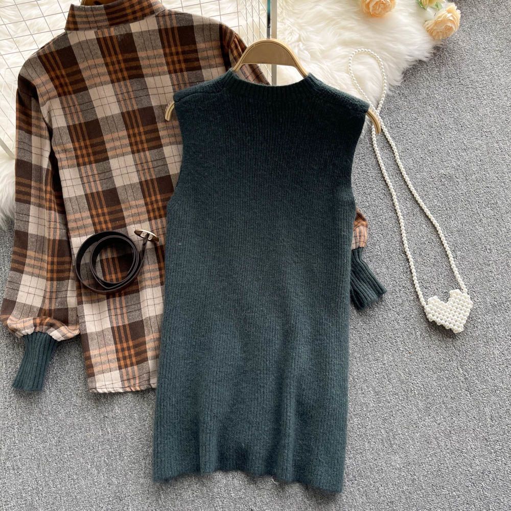 MoriBear Lantern Sleeve Shirt Knitted Vest Two Piece Sets - Wood