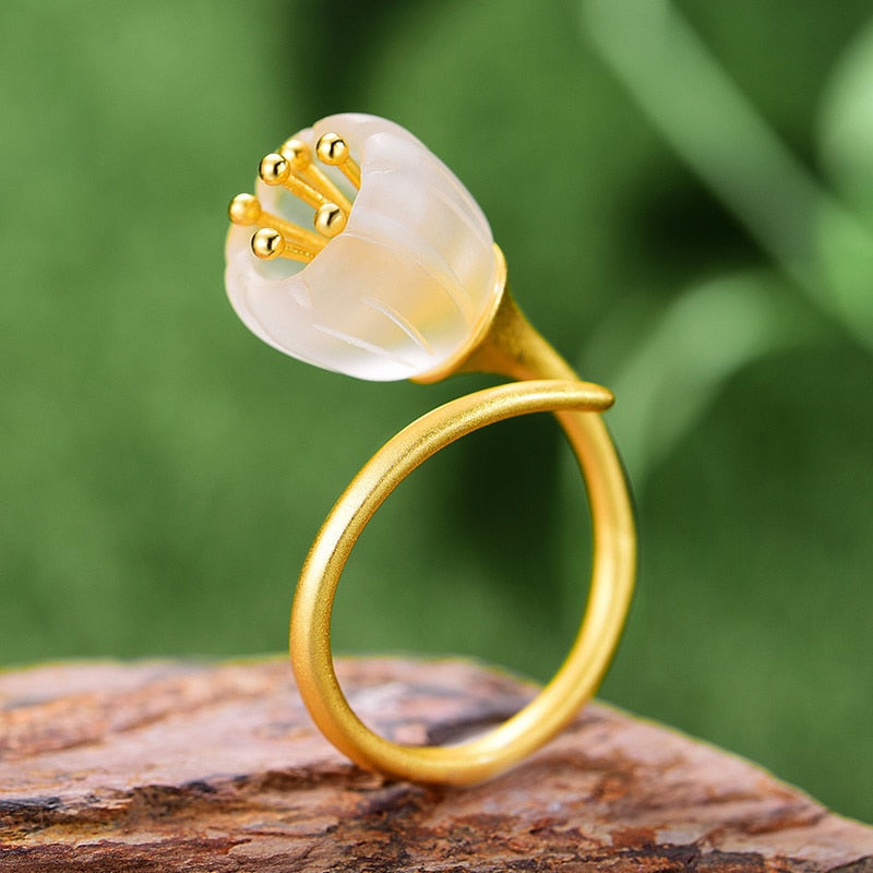 Mori Bear Ring in Sterling Silver - Lily of the Valley Flower Rings For Women