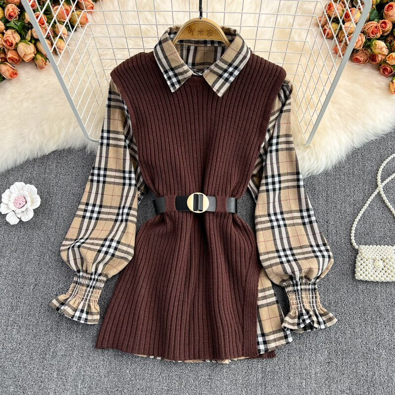 MoriBear Lantern Sleeve Shirt Knitted Vest Two Piece Sets - Tartan