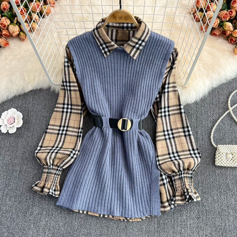 MoriBear Lantern Sleeve Shirt Knitted Vest Two Piece Sets - Tartan