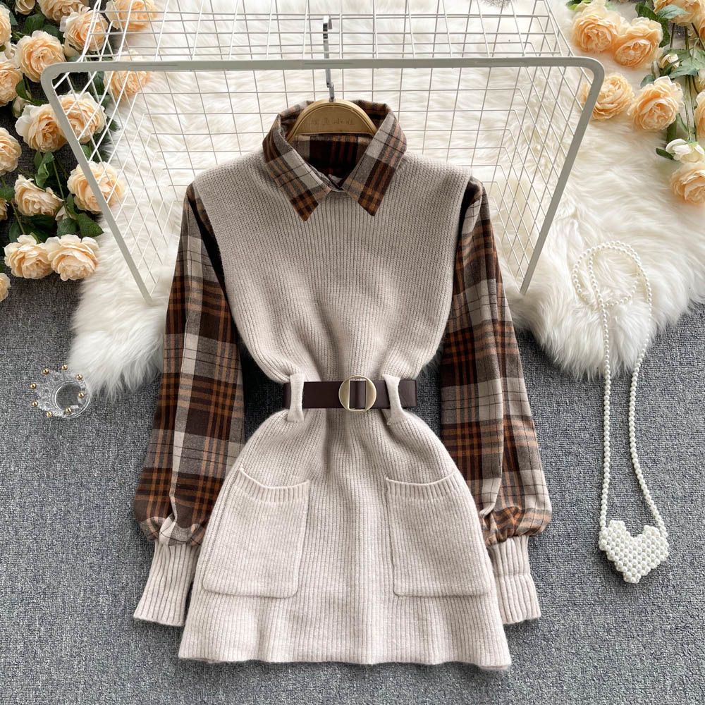 MoriBear Lantern Sleeve Shirt Knitted Vest Two Piece Sets - Wood