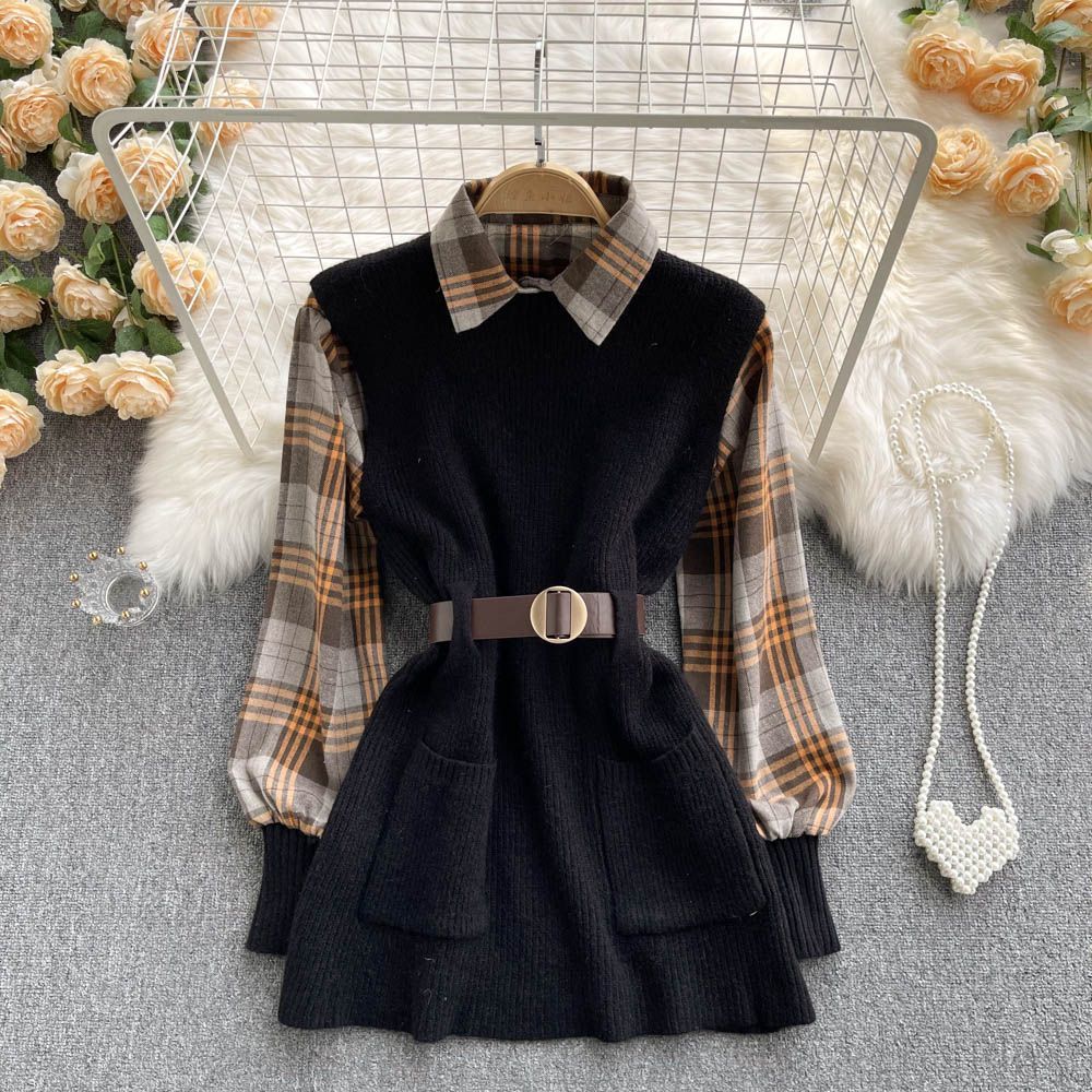 MoriBear Lantern Sleeve Shirt Knitted Vest Two Piece Sets - Wood