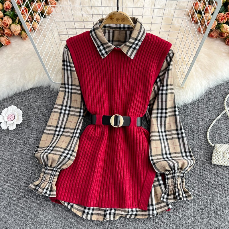 MoriBear Lantern Sleeve Shirt Knitted Vest Two Piece Sets - Tartan