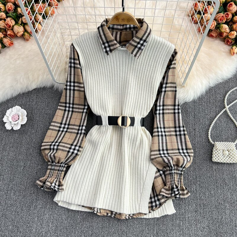MoriBear Lantern Sleeve Shirt Knitted Vest Two Piece Sets - Tartan
