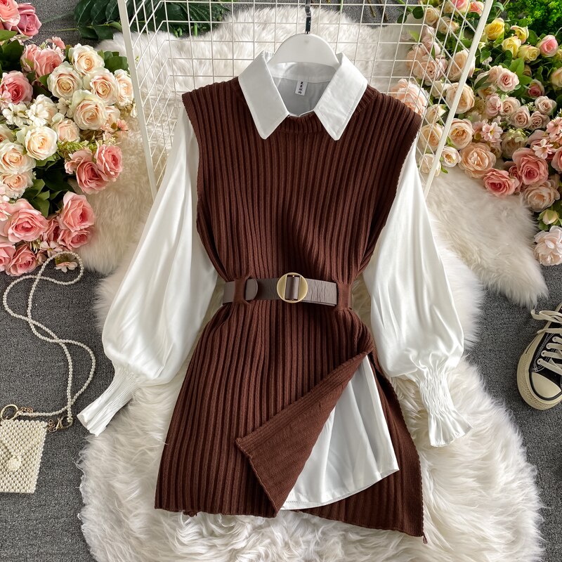 MoriBear Lantern Sleeve Shirt Knitted Vest Two Piece Sets -